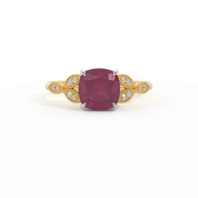 Floral Cushion Ruby 18K Yellow Gold Ring