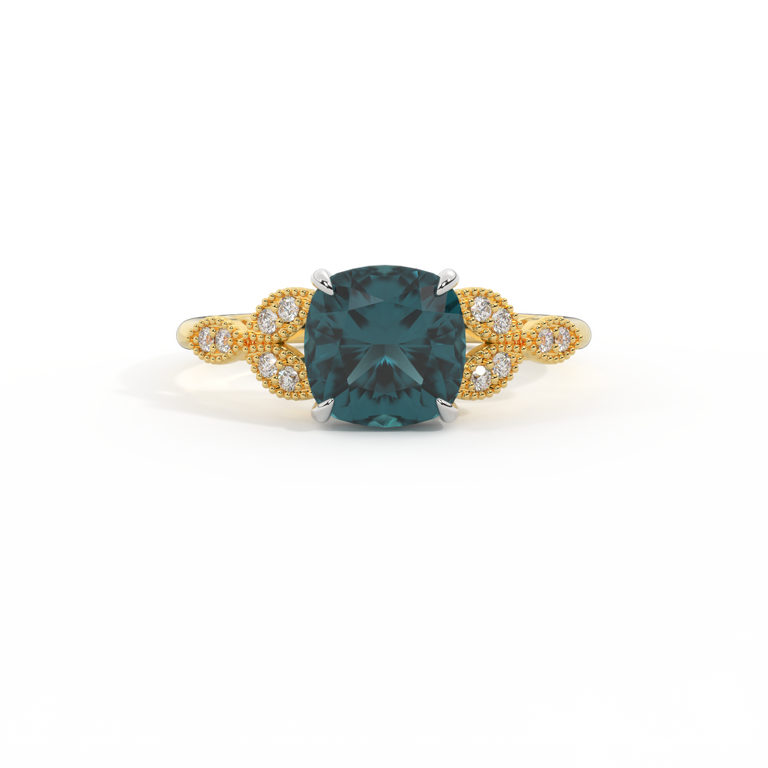 Floral Cushion Teal Sapphire 18K Yellow Gold Ring