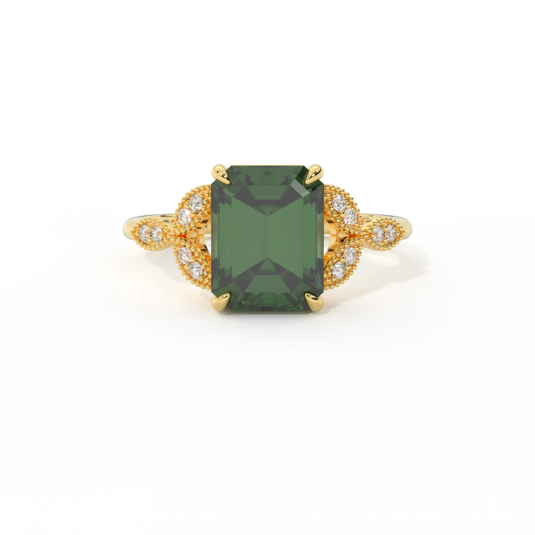 Floral Emerald Green Sapphire 18K Yellow Gold Ring