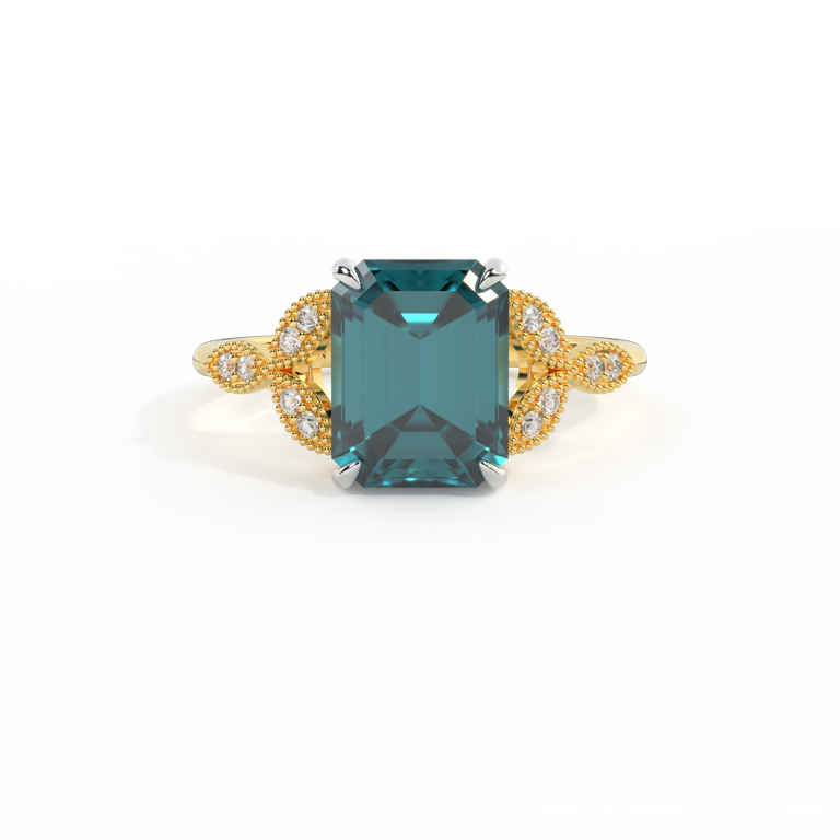 Floral Emerald Teal Sapphire 18K Yellow Gold Ring