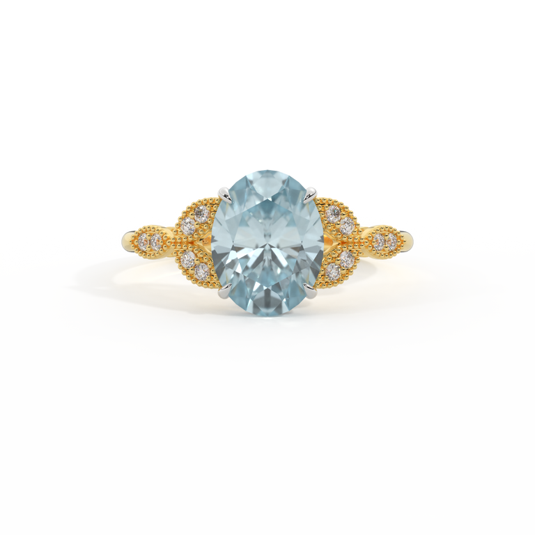 Floral Oval Aquamarine 18K Yellow Gold Ring