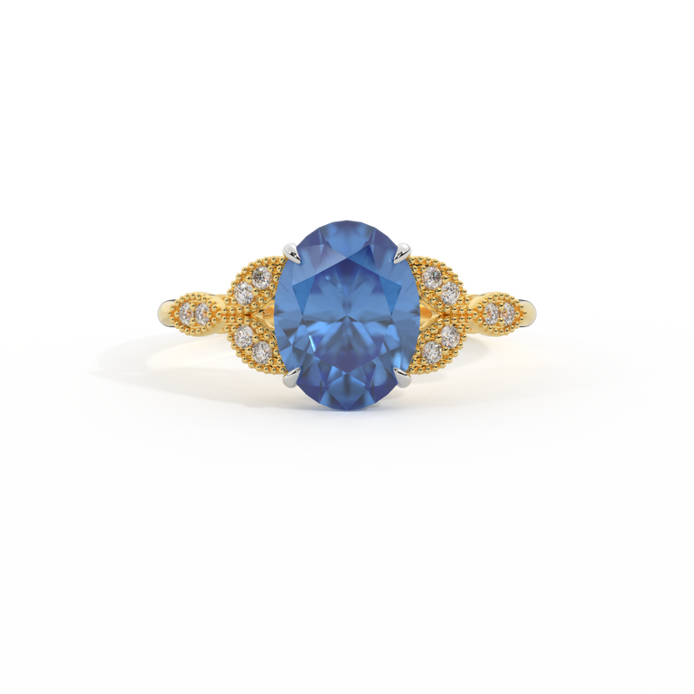 Floral Oval Blue Sapphire 18K Yellow Gold Ring