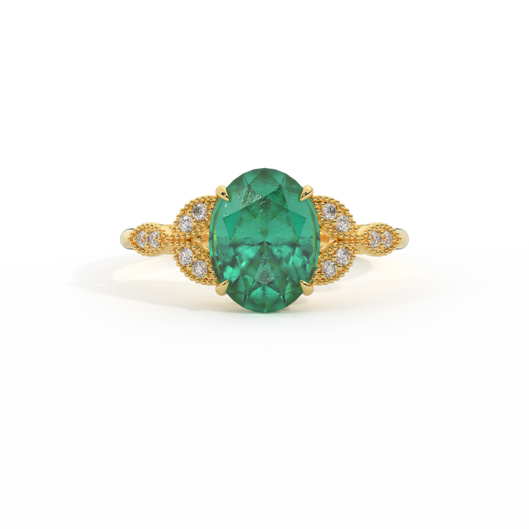 Floral Oval Emerald 18K Yellow Gold Ring