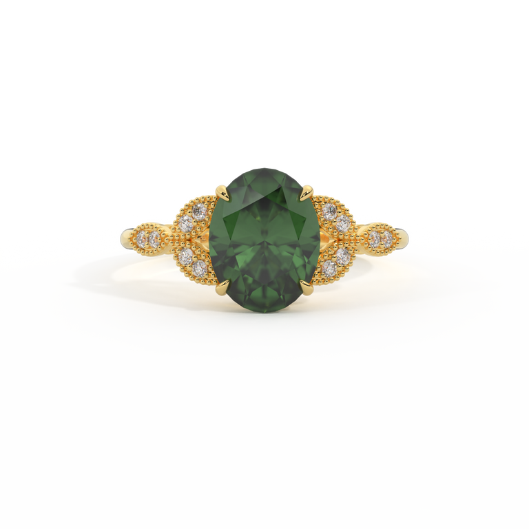 Floral Oval Green Sapphire 18K Yellow Gold Ring