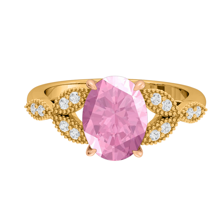 Floral Oval Pink Sapphire 18K Yellow Gold Ring