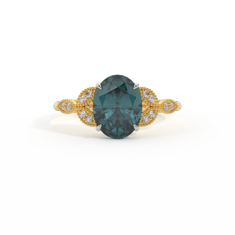 Floral Oval Teal Sapphire 18K Yellow Gold Ring