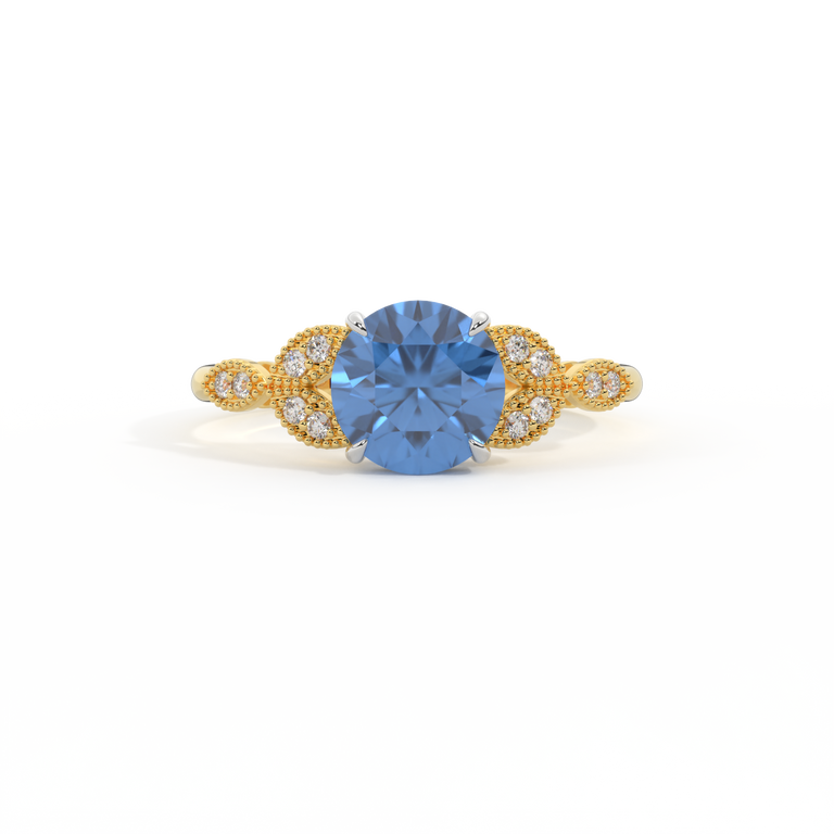 Floral Round Blue Sapphire 18K Yellow Gold Ring