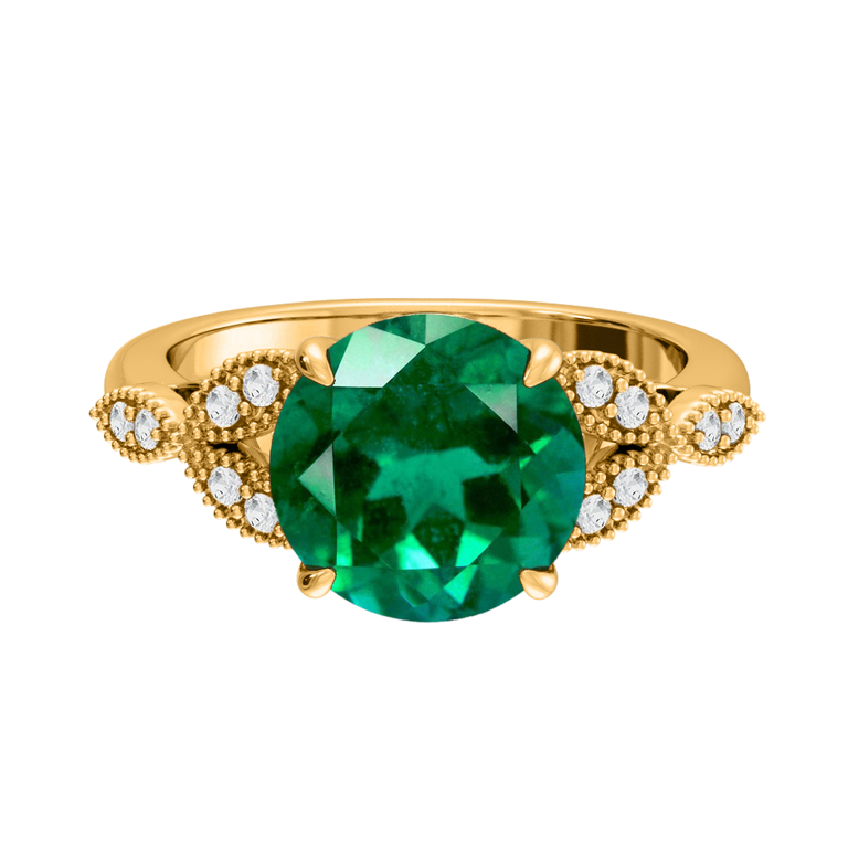 Floral Round Emerald 18K Yellow Gold Ring