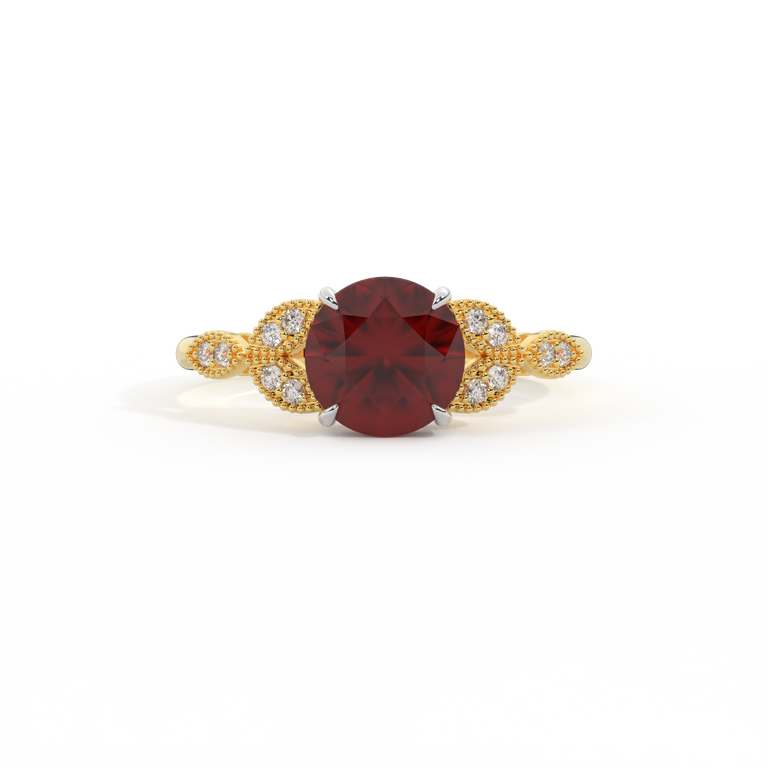 Floral Round Garnet 18K Yellow Gold Ring