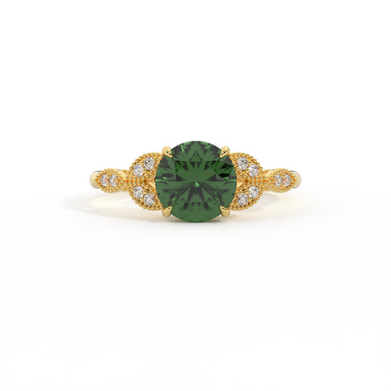 Floral Round Green Sapphire 18K Yellow Gold Ring