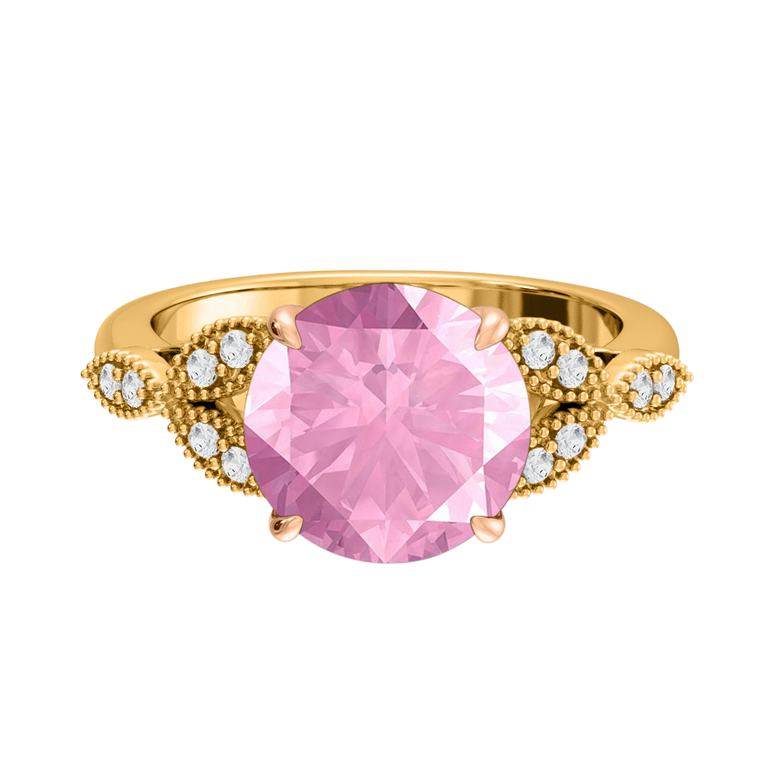 Floral Round Pink Sapphire 18K Yellow Gold Ring