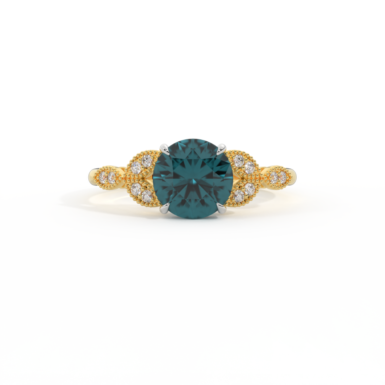 Floral Round Teal Sapphire 18K Yellow Gold Ring