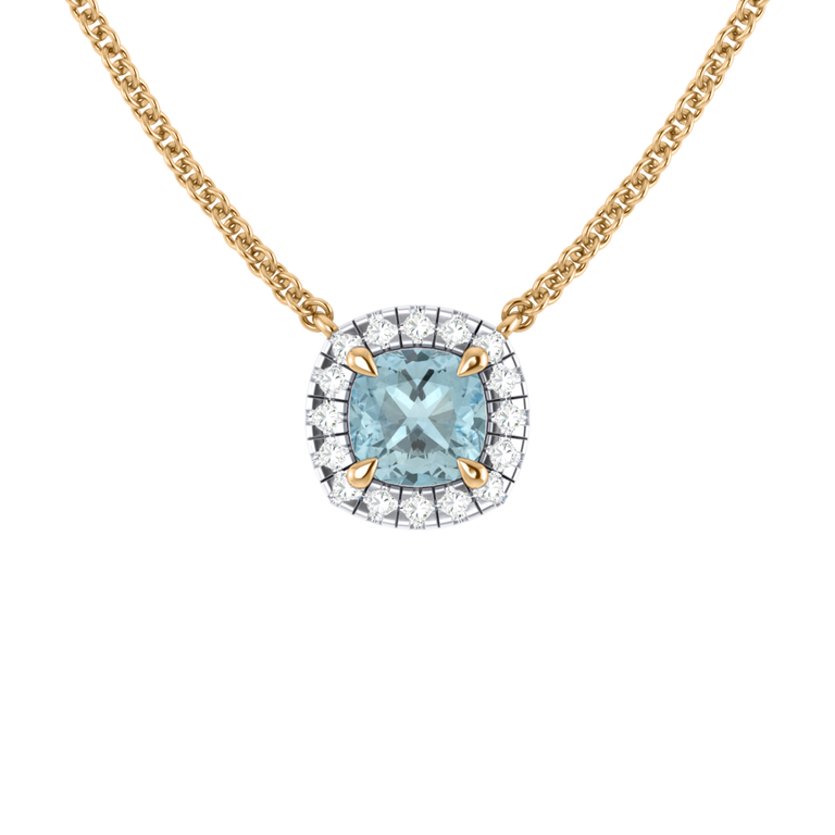 Treasure Box Halo Cushion Aquamarine Necklace 18k Yellow Gold