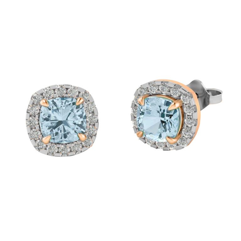 Halo Stud Cushion Aquamarine 18K Rose Gold Earrings