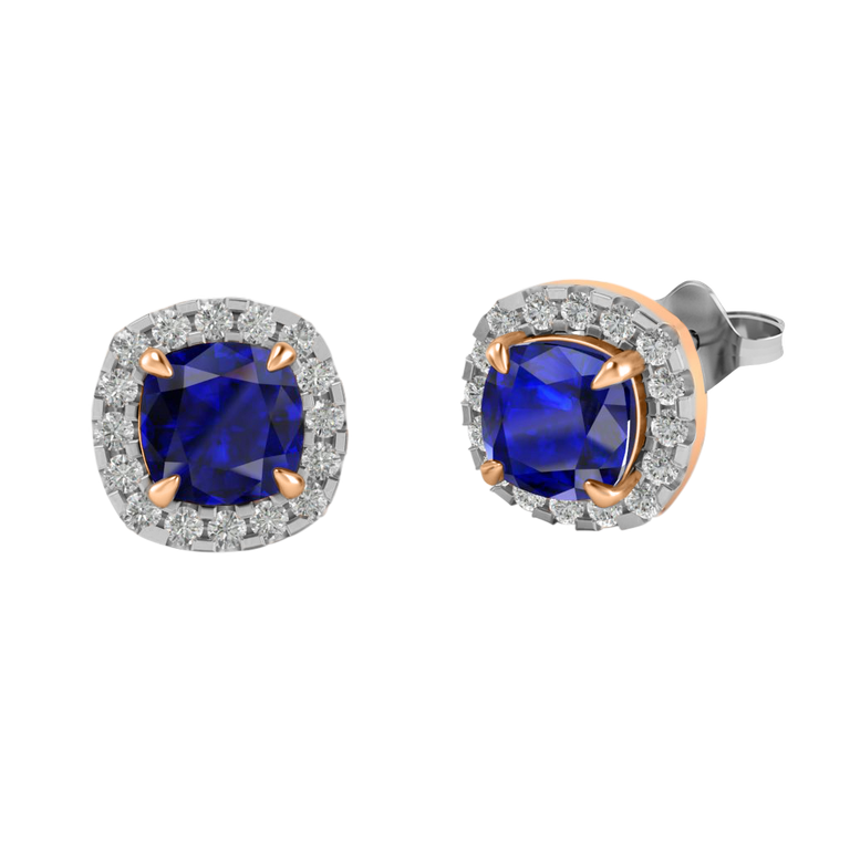 Halo Stud Cushion Blue Sapphire 18K Rose Gold Earrings