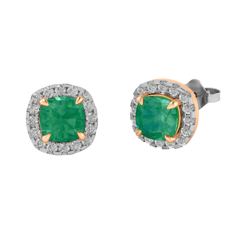 Halo Stud Cushion Emerald 18K Rose Gold Earrings