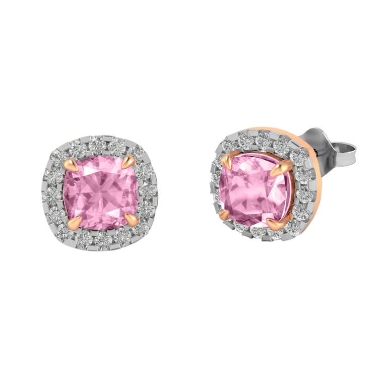 Halo Stud Cushion Pink Sapphire 18K Rose Gold Earrings