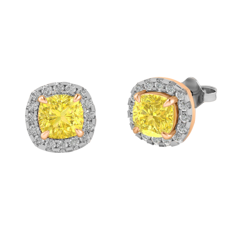 Halo Stud Cushion Yellow Sapphire 18K Rose Gold Earrings