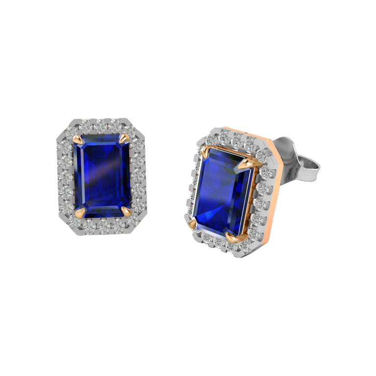 Halo Stud Emerald Blue Sapphire 18K Rose Gold Earrings