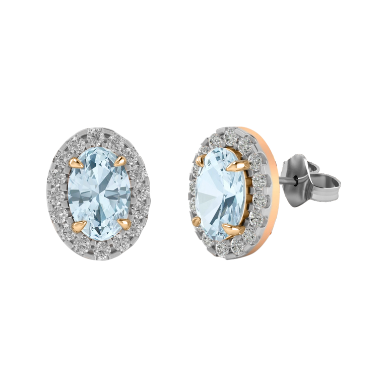 Halo Stud Oval Aquamarine 18K Rose Gold Earrings