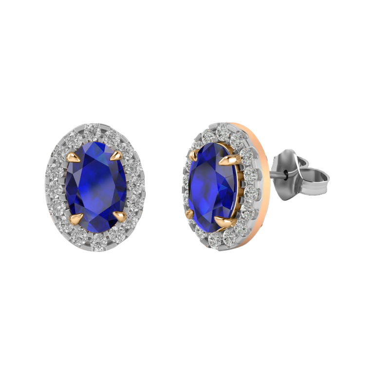 Halo Stud Oval Blue Sapphire 18K Rose Gold Earrings