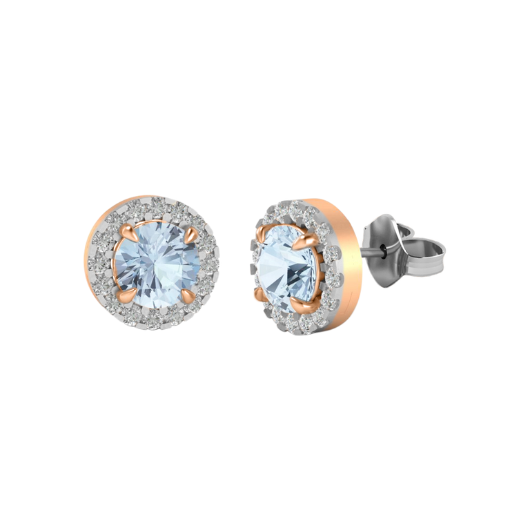 Halo Stud Round Aquamarine 18K Rose Gold Earrings