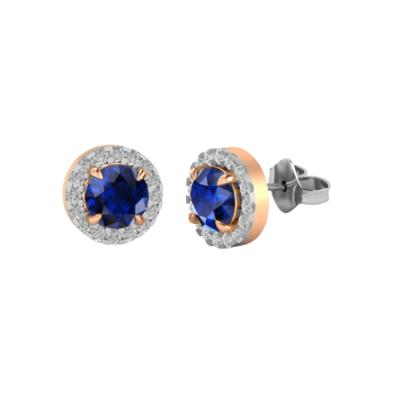 Halo Stud Round Blue Sapphire 18K Rose Gold Earrings