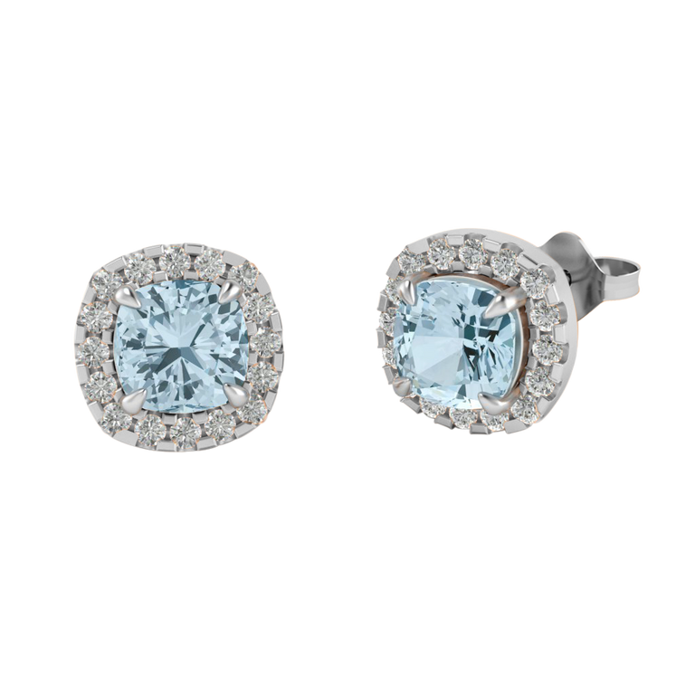 Halo Stud Cushion Aquamarine 18K White Gold Earrings