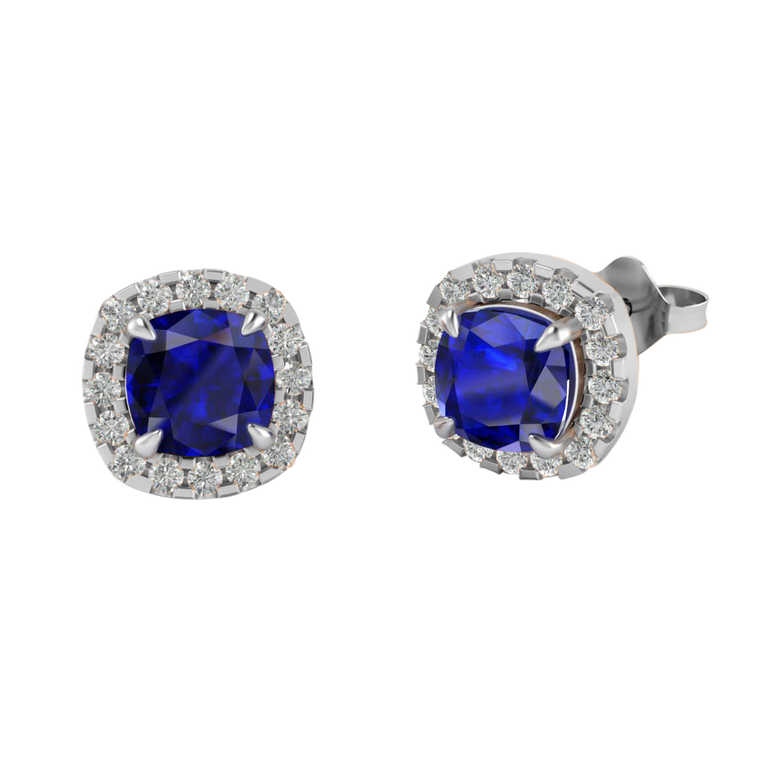 Treasure Box Halo Stud Cushion Blue Sapphire 18K White Gold Earrings