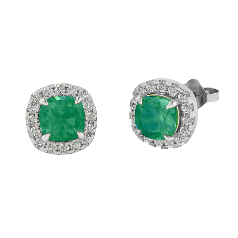 Halo Stud Cushion Emerald 18K White Gold Earrings