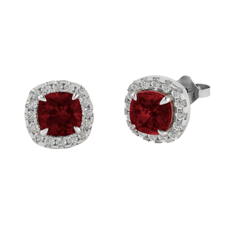 Halo Stud Cushion Garnet 18K White Gold Earrings