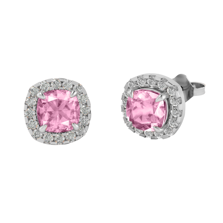 Halo Stud Cushion Pink Sapphire 18K White Gold Earrings