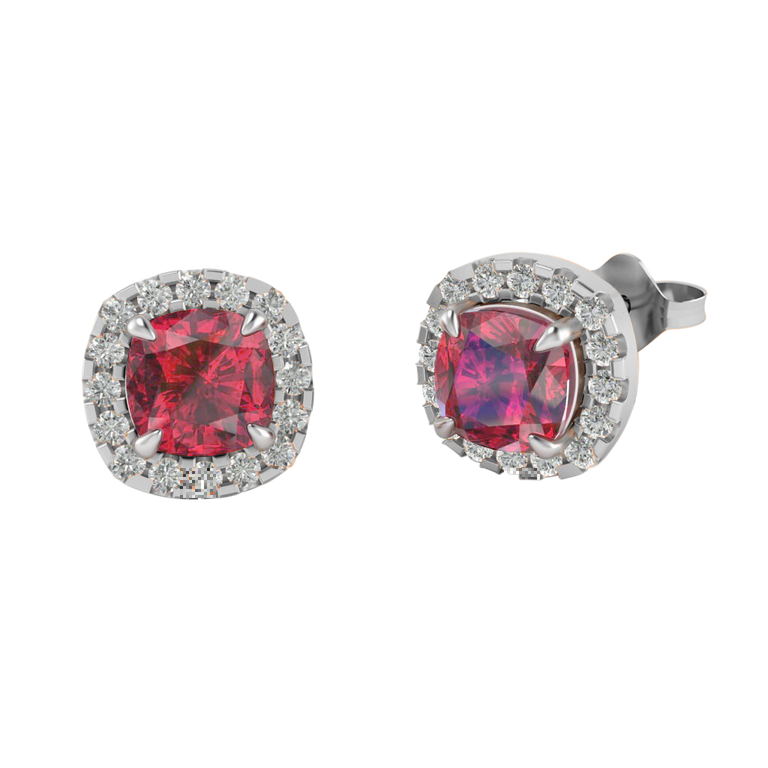 Halo Stud Cushion Ruby 18K White Gold Earrings