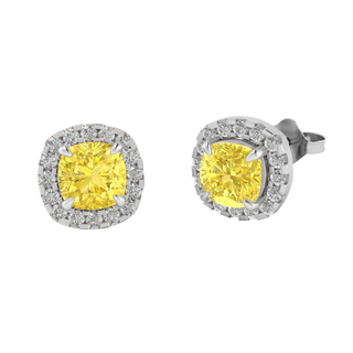 Halo Stud Cushion Yellow Sapphire 18K White Gold Earrings