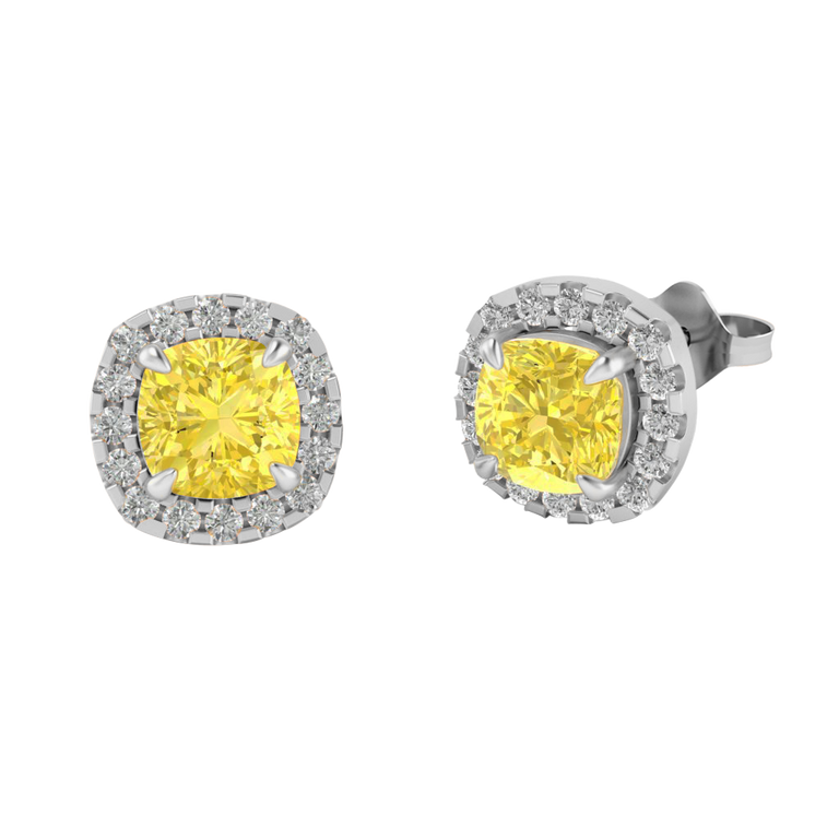 Halo Stud Cushion Yellow Sapphire 18K White Gold Earrings