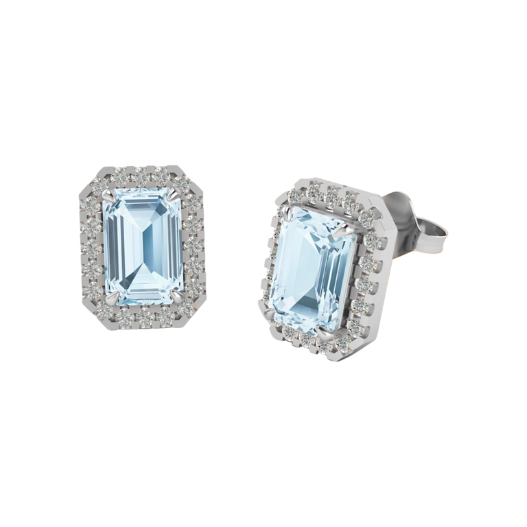 Halo Stud Emerald Aquamarine 18K White Gold Earrings