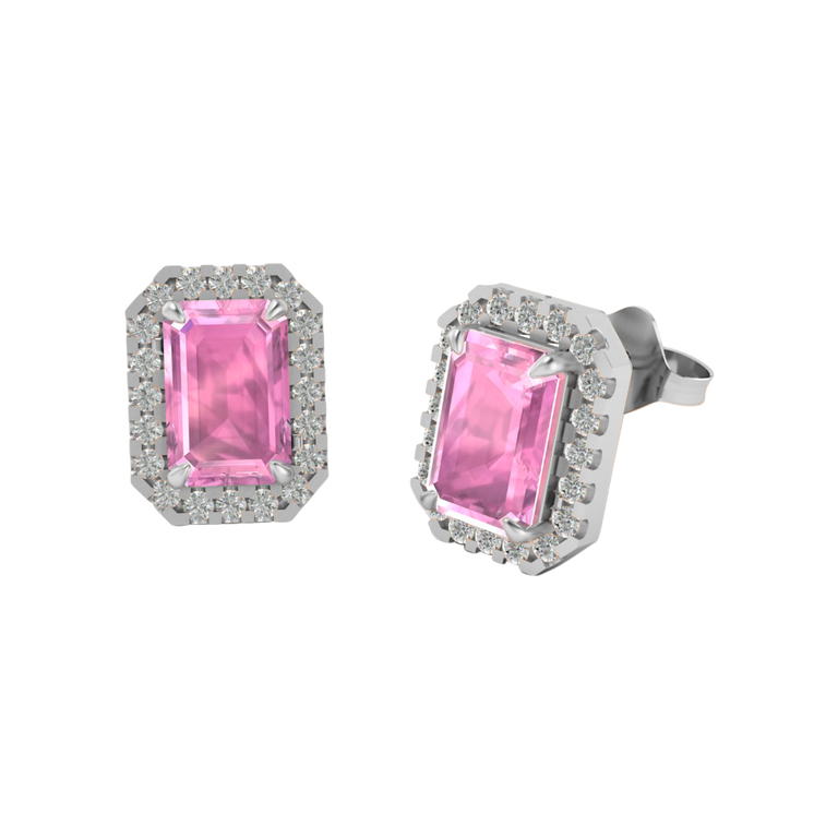 Halo Stud Emerald Pink Sapphire 18K White Gold Earrings