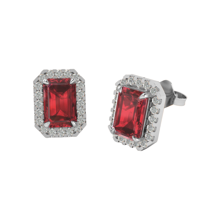 Halo Stud Emerald Ruby 18K White Gold Earrings