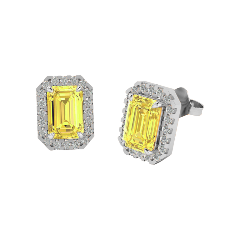 Halo Stud Emerald Yellow Sapphire 18K White Gold Earrings