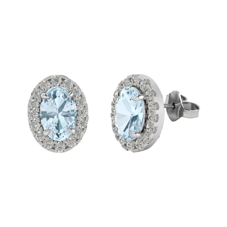 Halo Stud Oval Aquamarine 18K White Gold Earrings