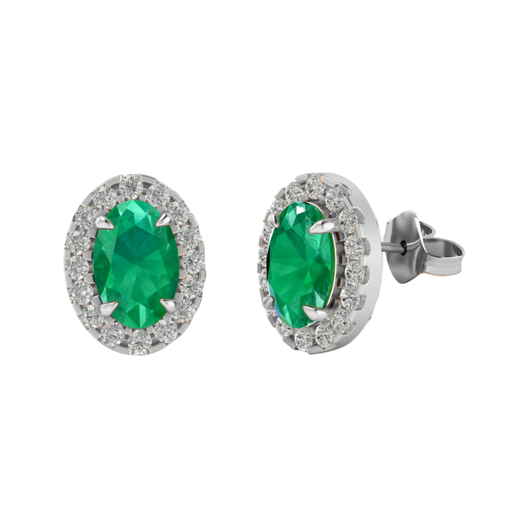 Halo Stud Oval Emerald 18K White Gold Earrings