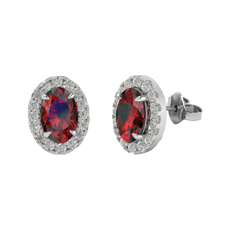 Halo Stud Oval Garnet 18K White Gold Earrings