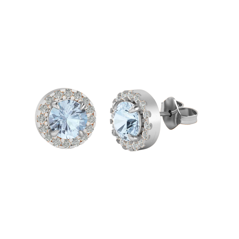 Halo Stud Round Aquamarine 18K White Gold Earrings