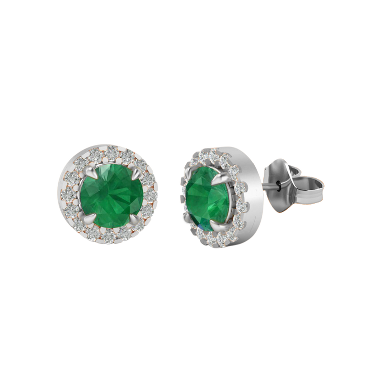 Halo Stud Round Emerald 18K White Gold Earrings