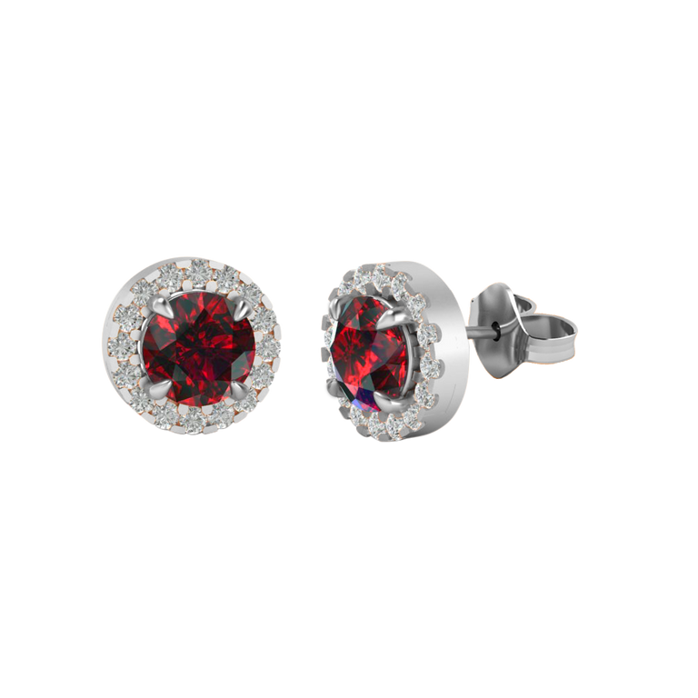 Halo Stud Round Garnet 18K White Gold Earrings