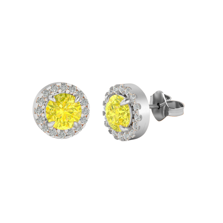 Halo Stud Round Yellow Sapphire 18K White Gold Earrings