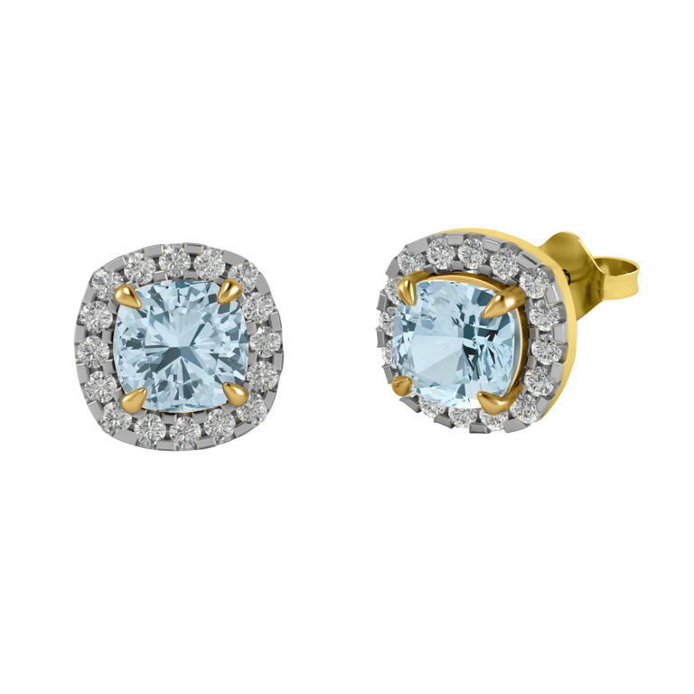 Halo Stud Cushion Aquamarine 18K Yellow Gold Earrings