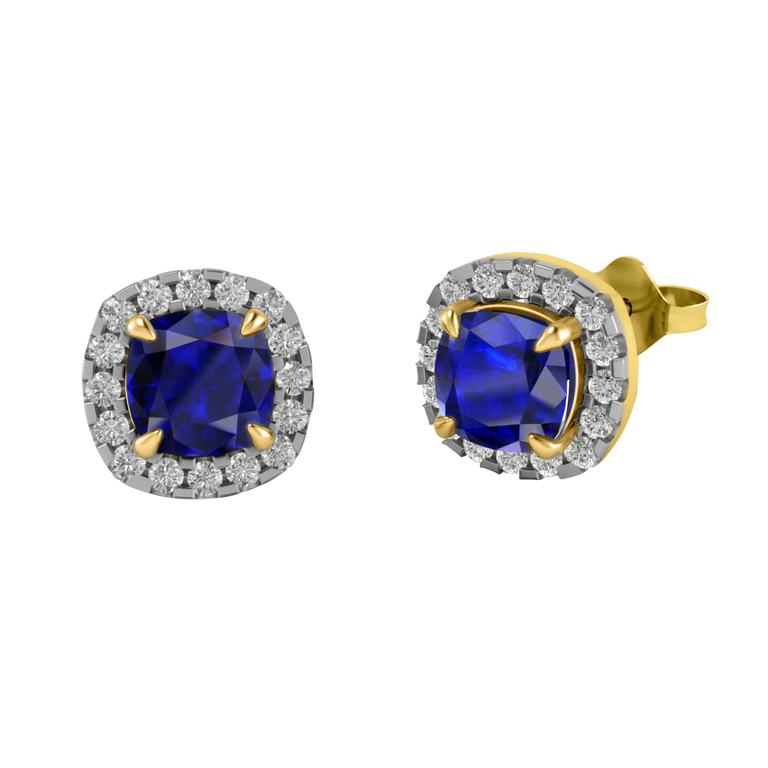 Halo Stud Cushion Blue Sapphire 18K Yellow Gold Earrings