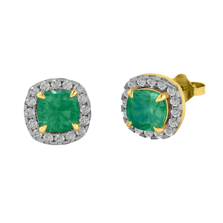 Halo Stud Cushion Emerald 18K Yellow Gold Earrings