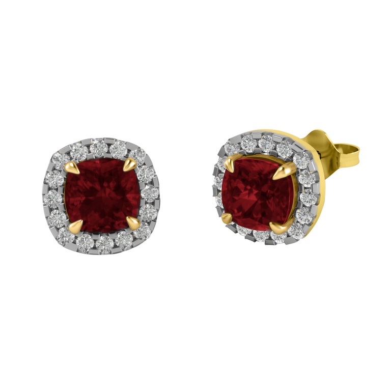 Halo Stud Cushion Garnet 18K Yellow Gold Earrings